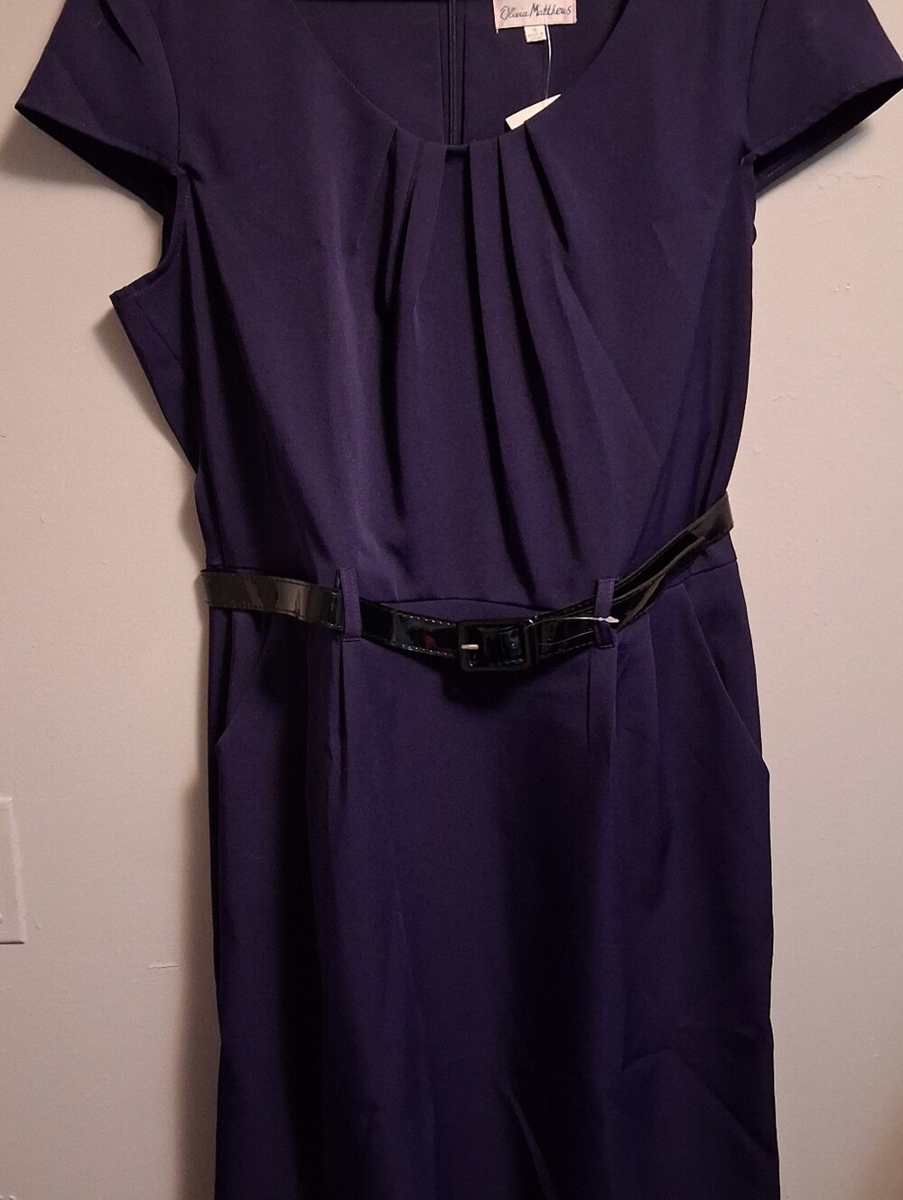 Vince Camuto Deep Purple Ponte Midi Dress with Black Patent Belt